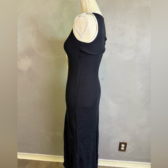 SANDRO Black White Ribbed Knit Beige Button Placket Gabriel Maxi Dress Size 34 - Picture 12 of 12